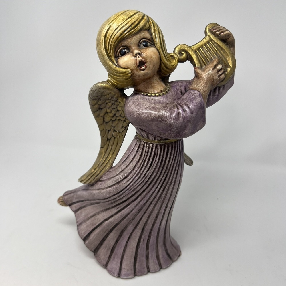 Vintage Atlantic Mold Ceramic Angel Playing Lyre Harp Hand Painted Figurine Mint